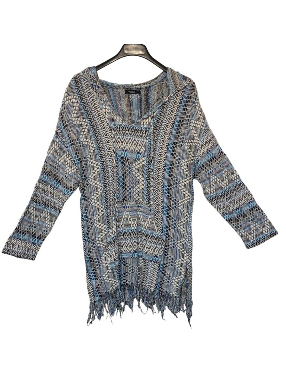 Michael Lauren Womens Hoodie Woven Aztec pattern fringed hem XS/S Blue Gray  USA